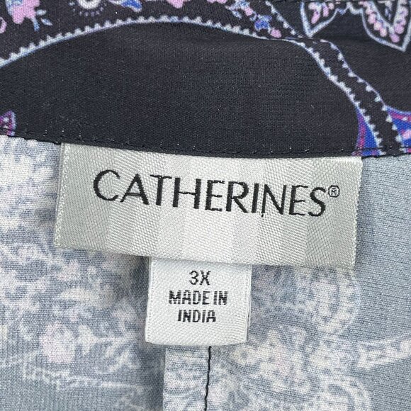 Catherines Womens Plus 3X Blouse Purple Black Floral Roll Tab Sleeve Shirt Top - Picture 4 of 11